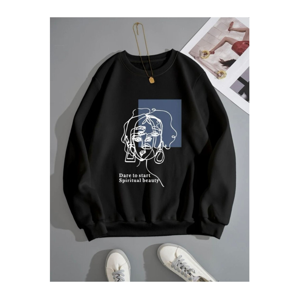 MOONBULL Unisex Siyah Beauty Baskılı Bisiklet Yaka Sweathsirt L Beden Bayan Sweatshirt Fiyatı