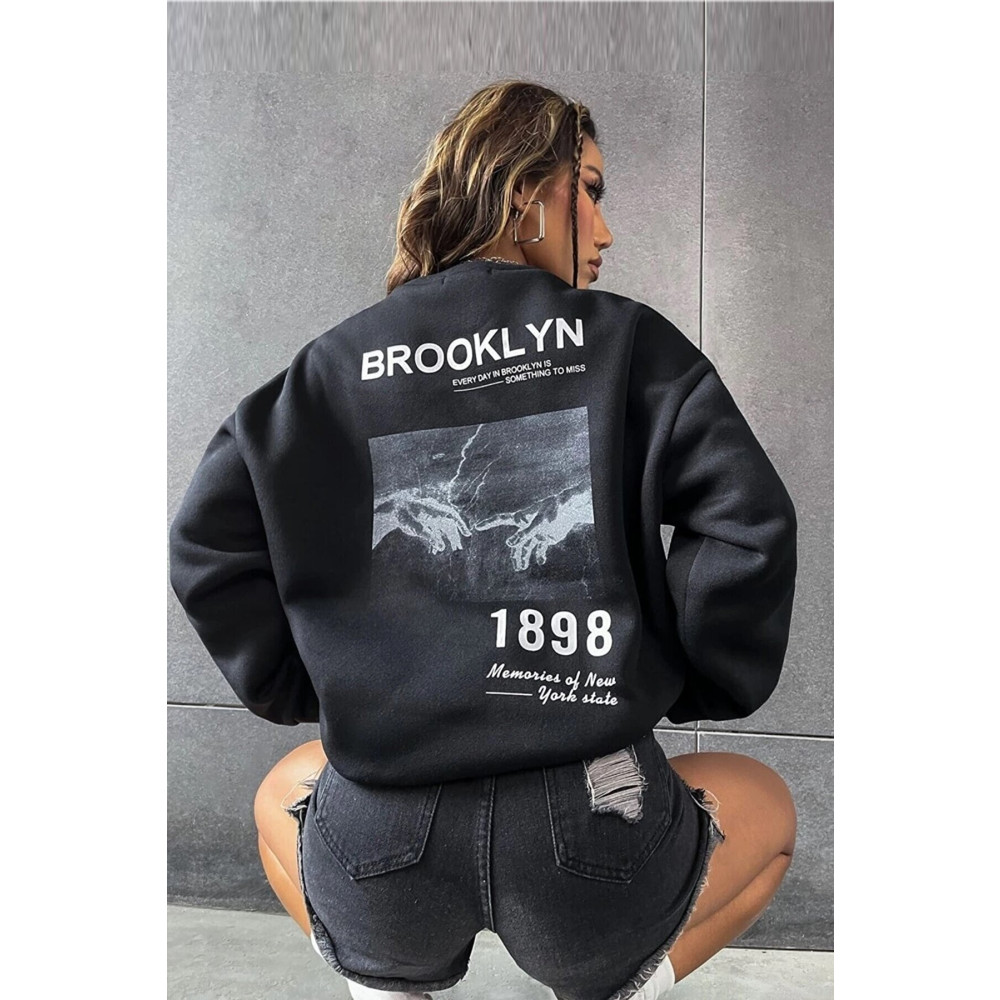 MOONBULL Ünisex Siyah Bronlyn 1898 Sırt Baskılı Bisiklet Yaka Oversize Sweatshirt XL Beden Bayan Sweatshirt Fiyatı