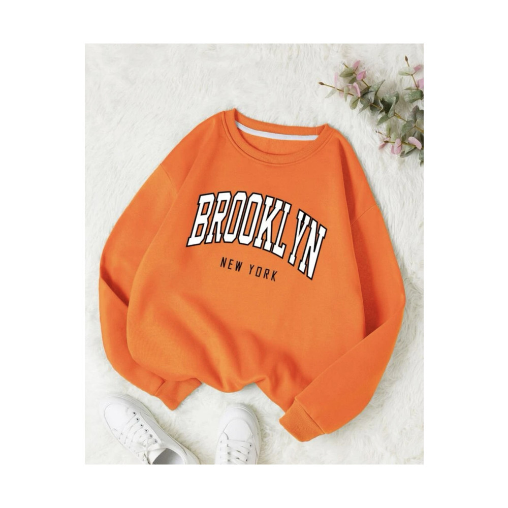 MOONBULL Ünisex Turuncu Bronklyn Baskılı Oversize Sweatshirt XL Beden Bayan Sweatshirt Fiyatı