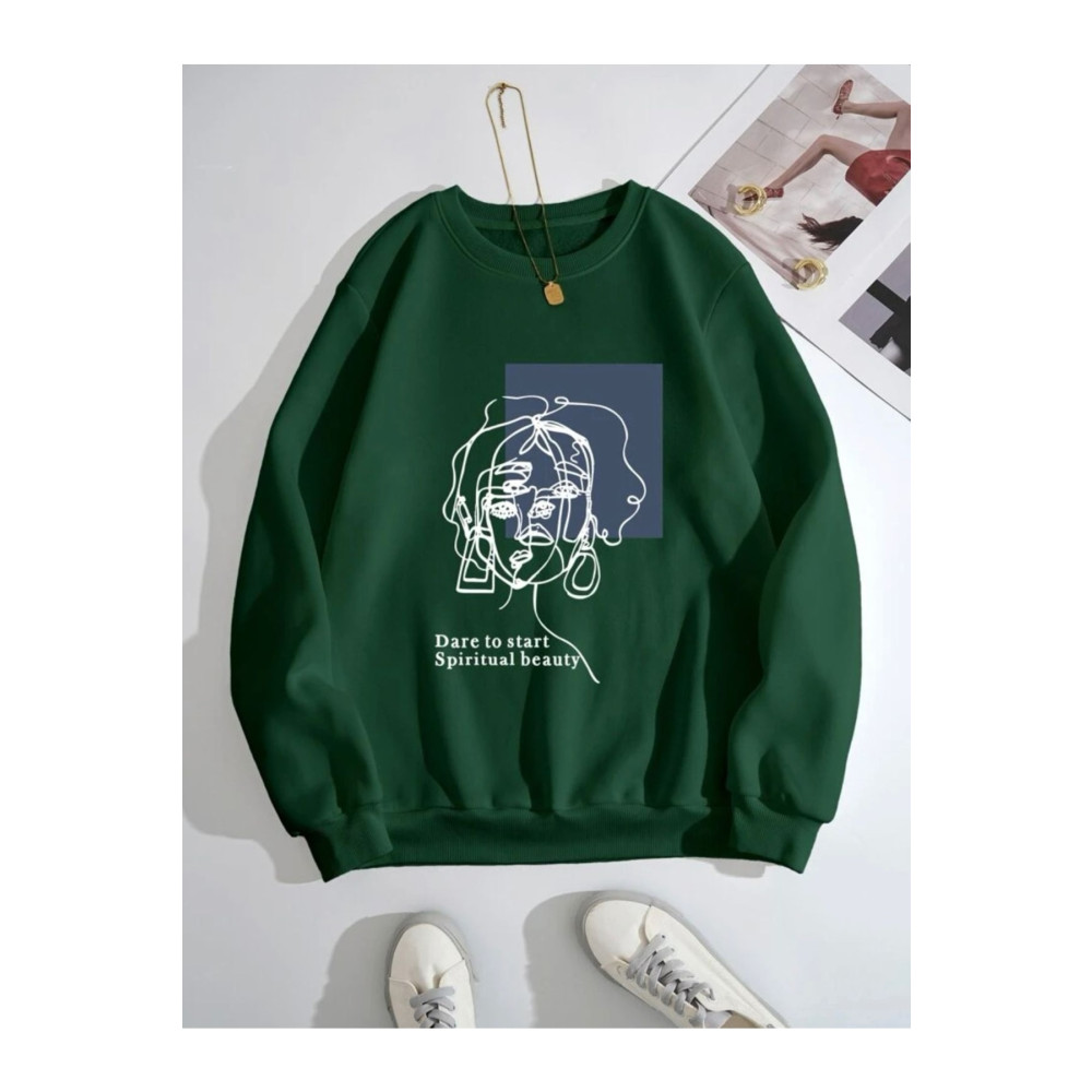 MOONBULL Unisex Yeşil Beauty Baskılı Bisiklet Yaka Sweathsirt XL Beden Bayan Sweatshirt Fiyatı