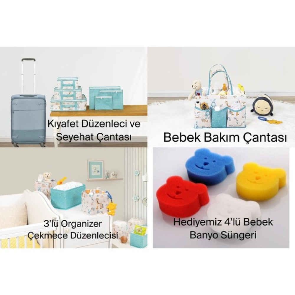 Mor Bebe 4'lü Kombin Baby Set Bavul Organizer & Bakım Çantası & Çekmece Düzenleyici + (4'lü Sünger ) - Açık Mavi Bebek Bakım Çantası Fiyatı