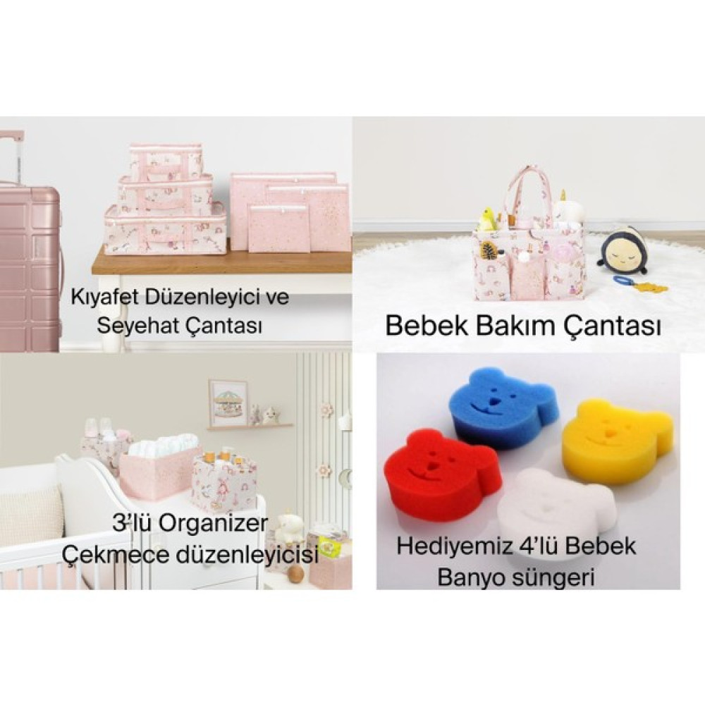 Mor Bebe 4'lü Kombin Baby Set Bavul Organizer & Bakım Çantası & Çekmece Düzenleyici + (4'lü Sünger ) - Açık Pembe Bebek Bakım Çantası Fiyatı