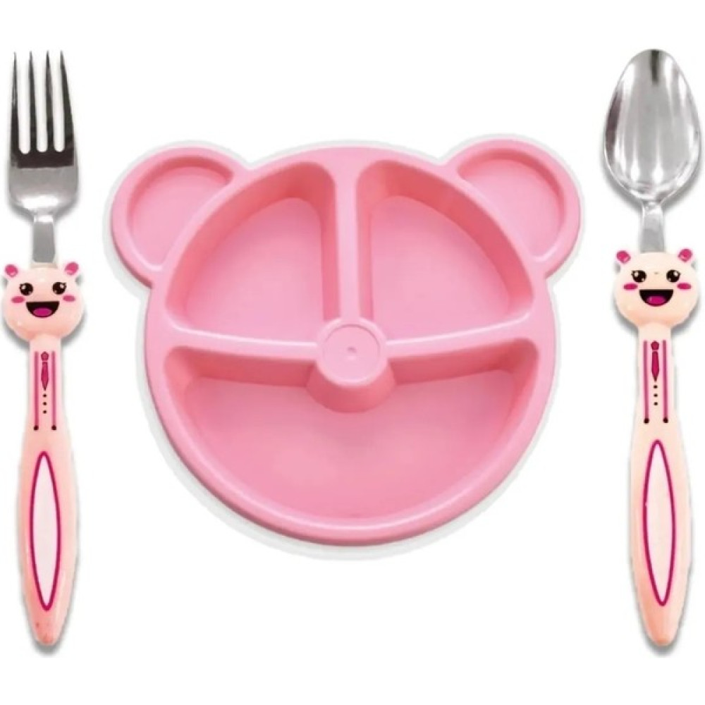 Mor Bebe Baby 3 Parça Tavşan Figürlü Çocuk Çatal Kaşık ve Mama Tabağı Seti (Pembe ) - Açık Pembe Mama Seti Fiyatı