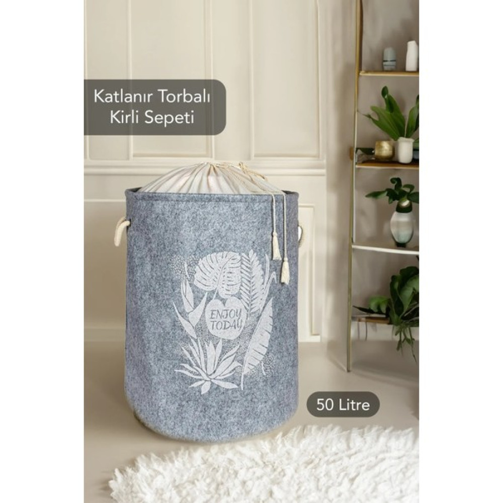Mor Bebe Keçe Torbalı Yuvarlak Sepet - Çok Amaçlı Kirli Çamaşır Sepeti Organizer Hurç 50 x 35 cm - Açık Gri Sepet Fiyatı