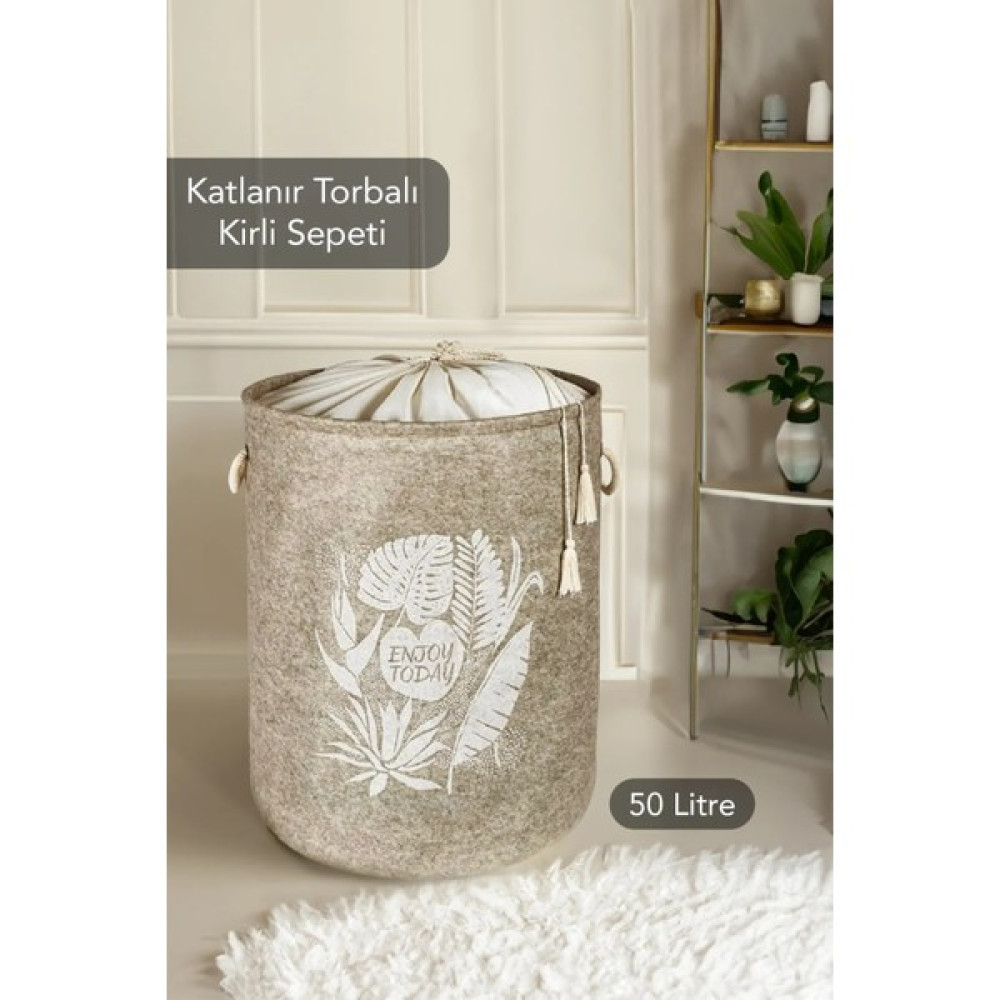 Mor Bebe Keçe Torbalı Yuvarlak Sepet - Çok Amaçlı Kirli Çamaşır Sepeti Organizer Hurç 50 x 35 cm - Krem Sepet Fiyatı