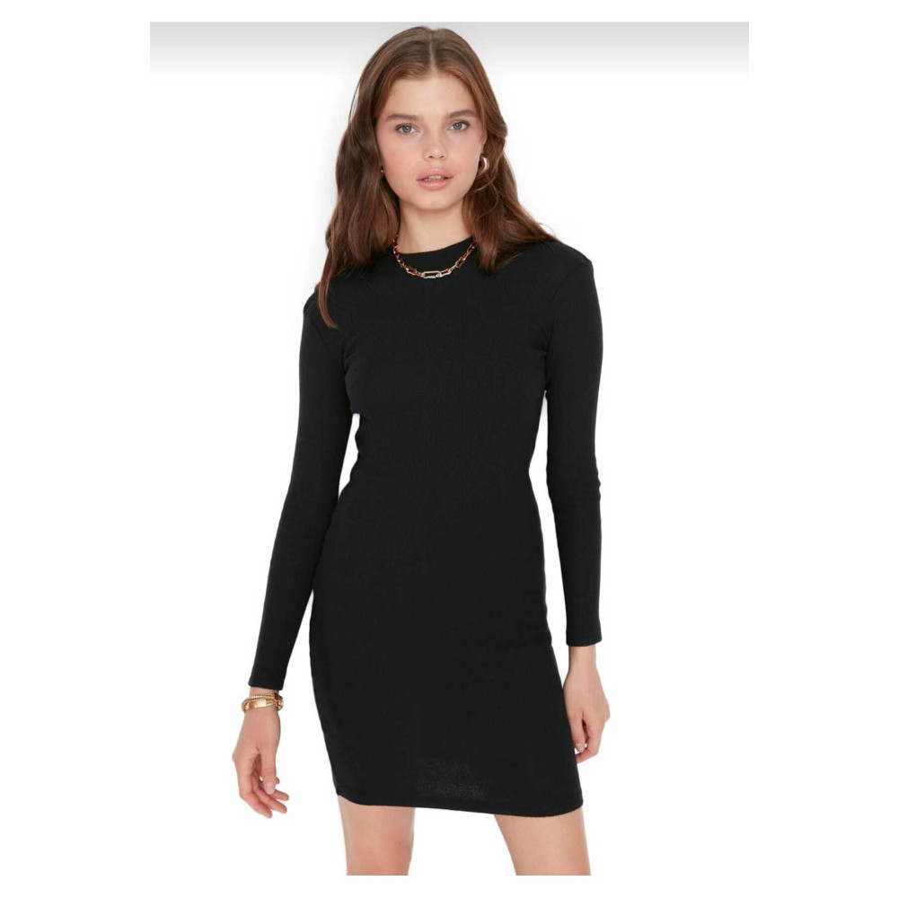 mor butik MOR BUTİK SİYAH VÜCUDA OTURAN MİNİ YARIM BALIKÇI YAKA FİTİLLİ ESNEK ÖRME ELBİSE XS Beden Elbise Fiyatı