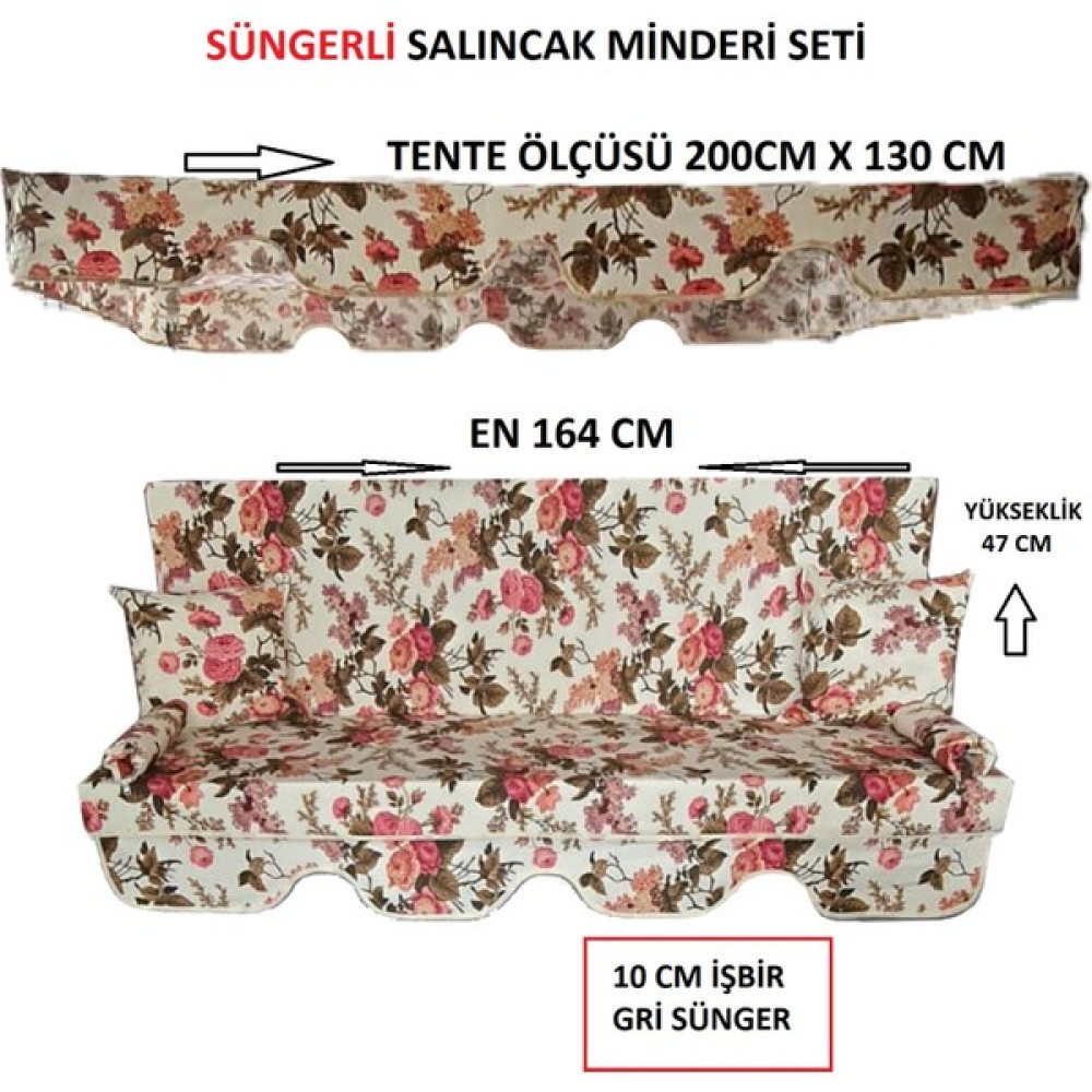 Mor Minder Süngerli Salıncak Minder Seti Tenteli 3 Kişilik 10 cm Sünger 164X47 Ingiliz Gülü - Renkli Bahçe Salıncağı Fiyatı