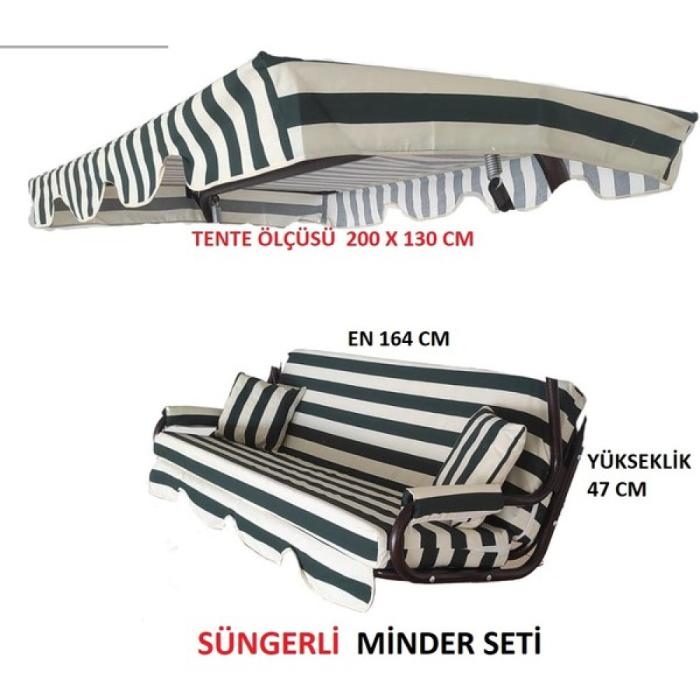 Mor Minder Süngerli Salıncak Minder Seti Tenteli Salıncak Kumaş Seti 10 cm Sünger 3 Kişilik Yeşil Krem - Renkli Bahçe Salıncağı Fiyatı