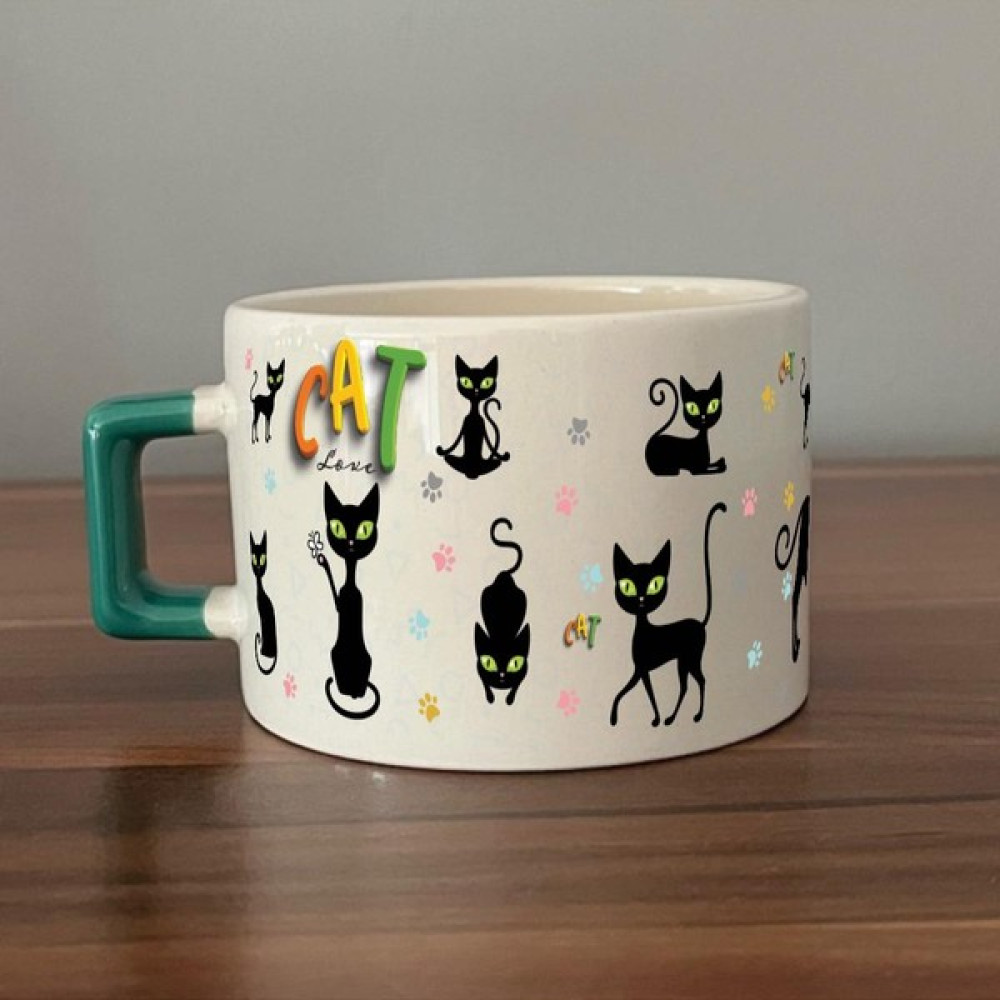 Mor Mürekkep Cat Love Baskılı Yeşil Kulplu C Fincan - Açık Gri - Beyaz - 200 ml Fincan / Bardak / Kahve Takımı Fiyatı