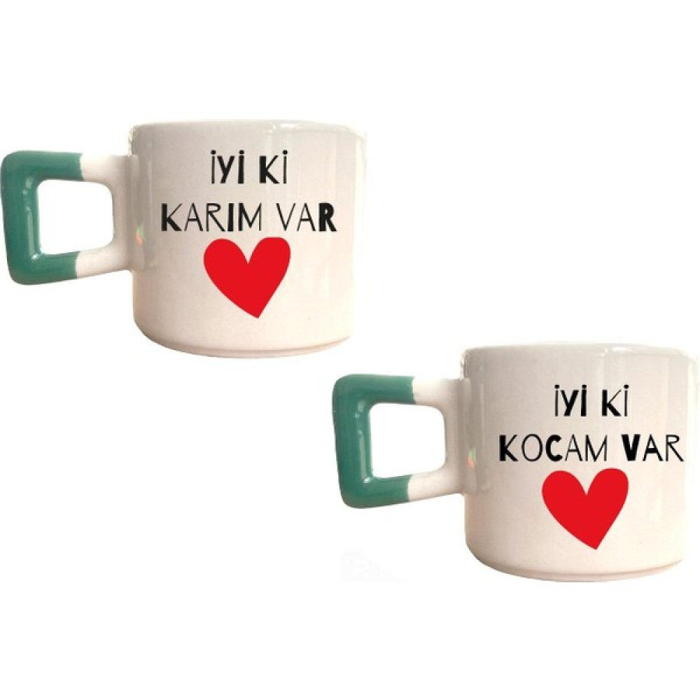 Mor Mürekkep Iyi Ki Kocam Var, Iyi Ki Karım Var Baskılı Yeşil Kare Kupa Set - Açık Gri - Beyaz - 200 ml Fincan / Bardak / Kahve Takımı Fiyatı
