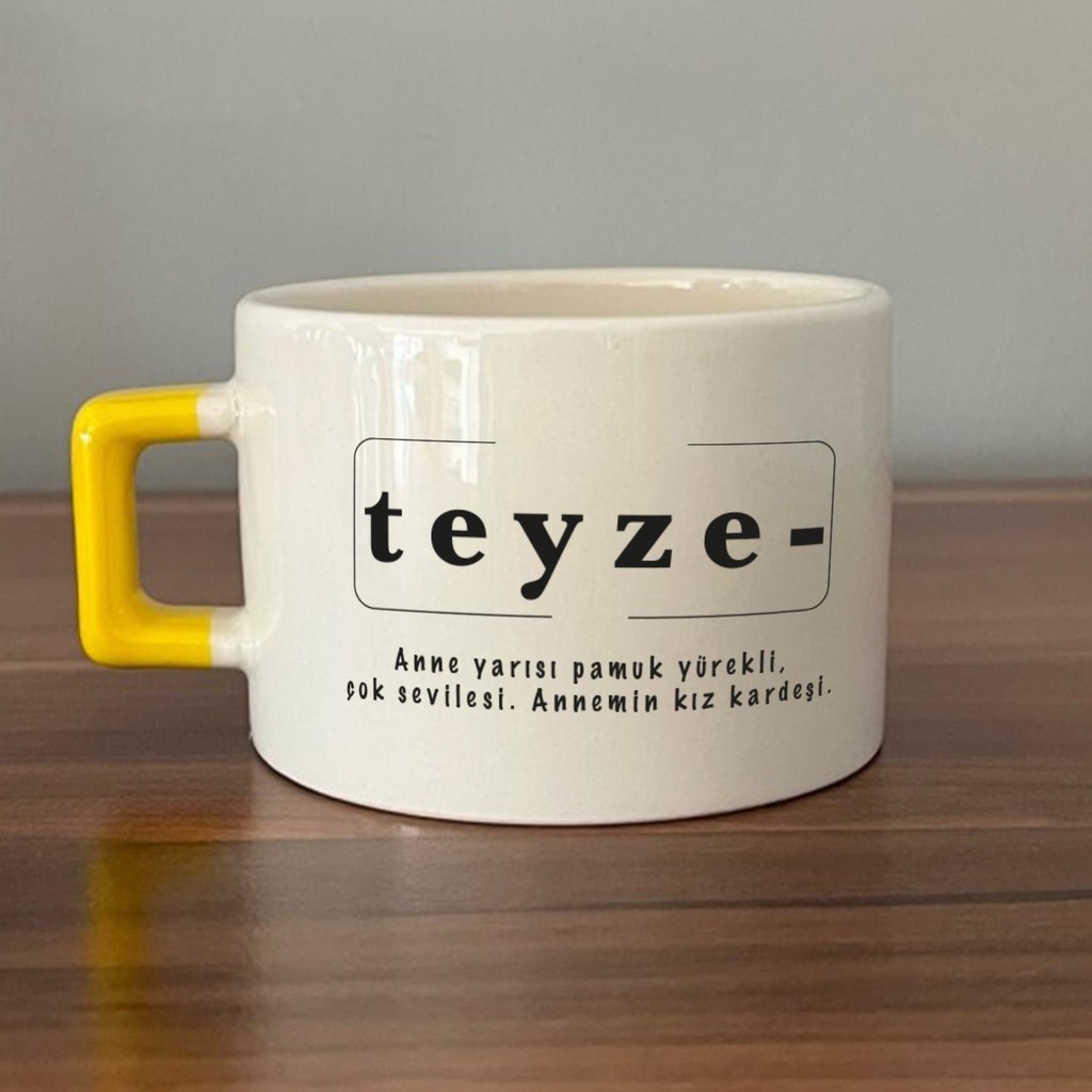 Mor Mürekkep Teyze Baskılı Sarı Kulplu C Fincan - Açık Gri - Beyaz - 200 ml Fincan / Bardak / Kahve Takımı Fiyatı