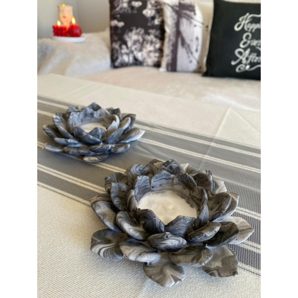Mor Villa Mum 2'li Dekoratif Tealight Lotus Çiçeği Beton Mumluk - Siyah Şamdan Fiyatı