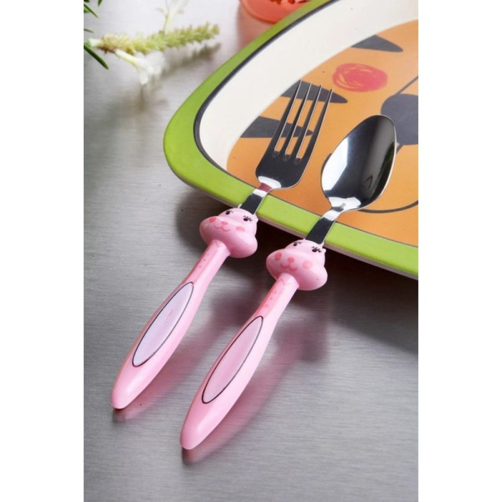 Morbebe Baby 3 Parça Tavşan Figürlü Çocuk Çatal Kaşık ve Mama Tabağı Seti (Pembe ) - Pembe Mama Seti Fiyatı