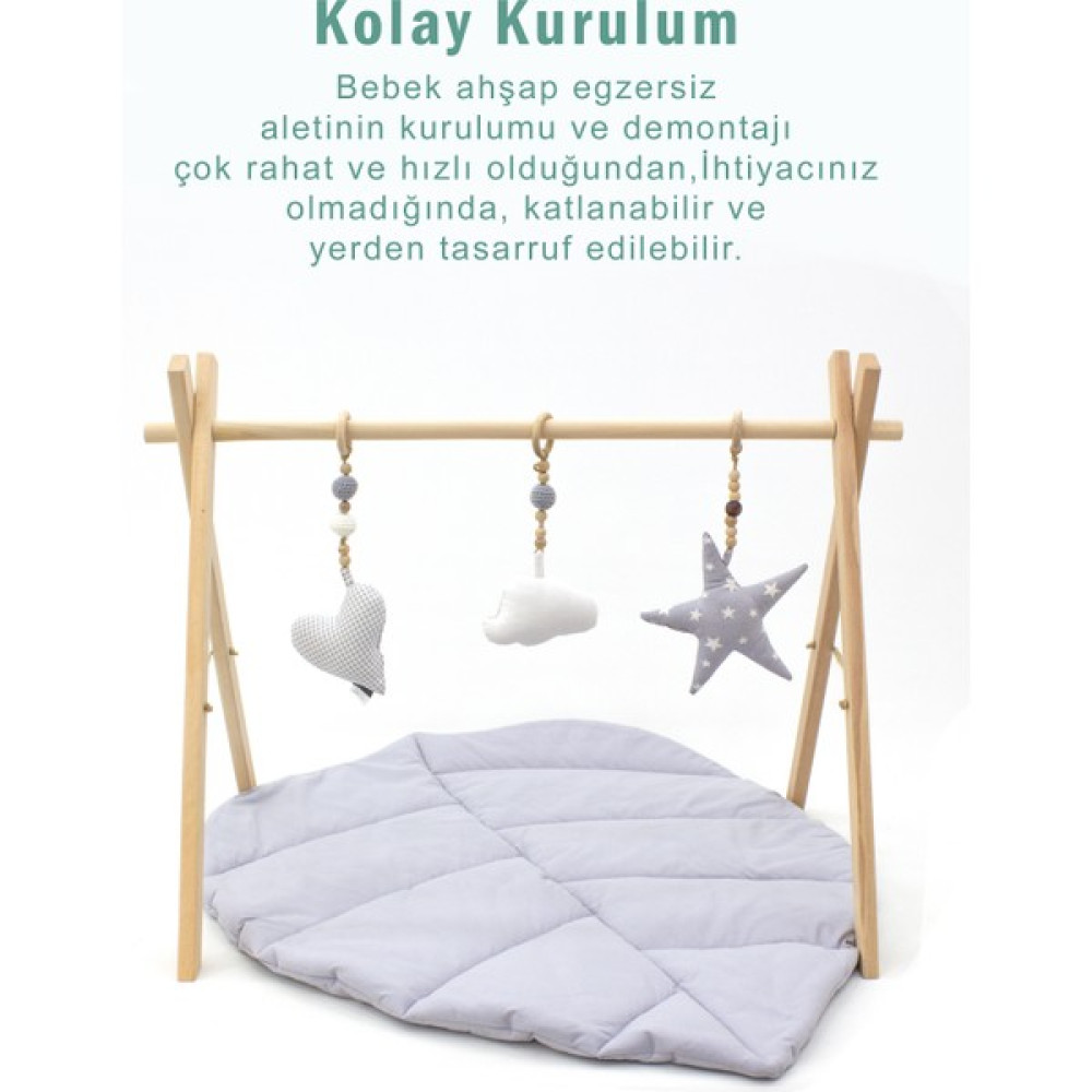Mordesign Doğal Ahşap Bebek Egzersiz Aleti, Bebek Ahşap Oyun Alanı, 3'lü El Yapımı Oyuncak ve Oyun Matı Seti - Gri Bebek Oyuncakları Fiyatı