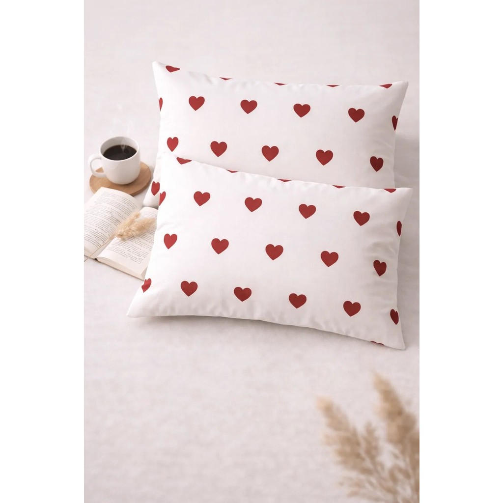 More Home Kapaklı Yastık Kılıfı (2 Adet) 50 x 70 cm Kalp Desen - Beyaz - 50x70 Yastık Kılıfı Fiyatı