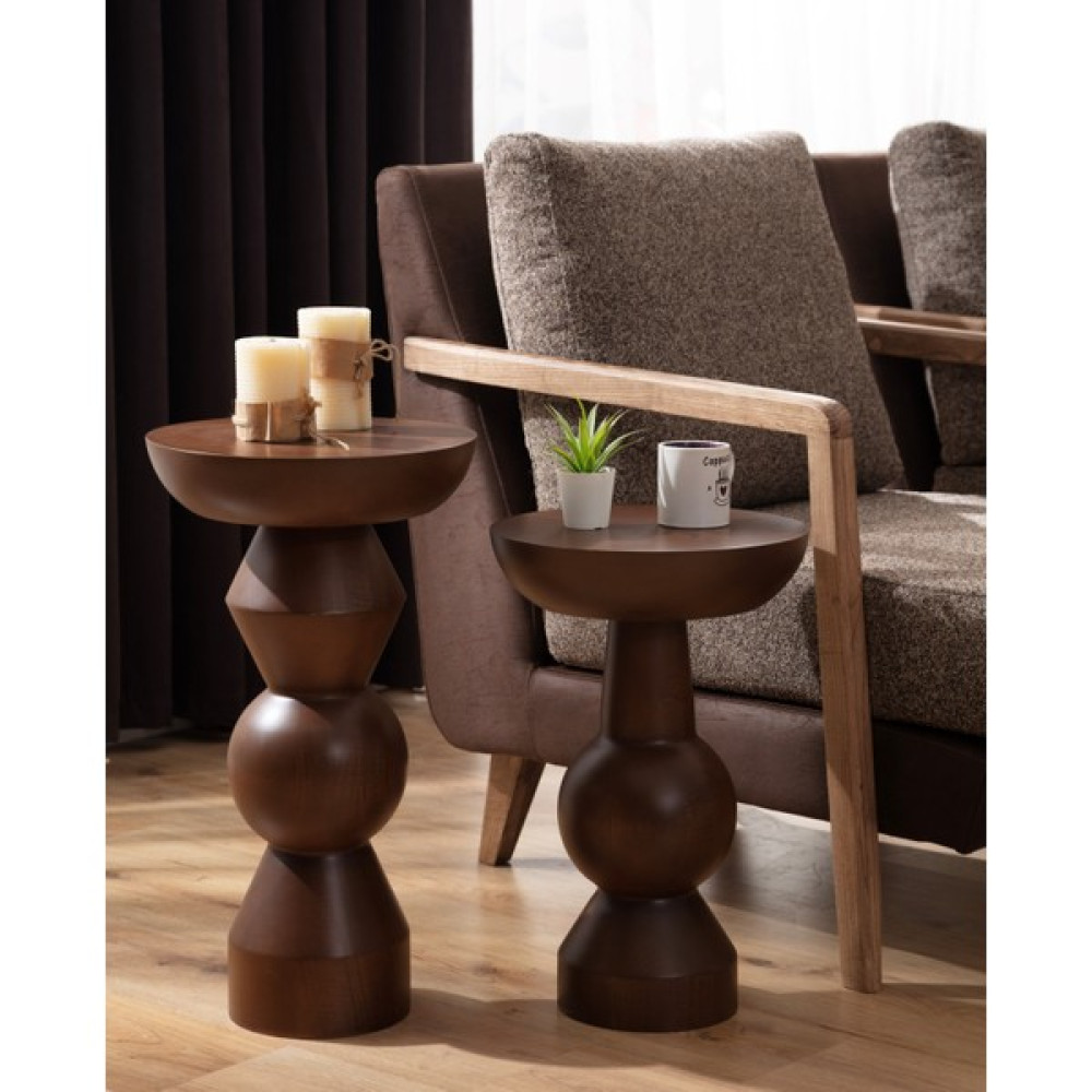 More Wood Design Mantar Sehpa 2'li - Koyu Kahverengi Yan Sehpa Fiyatı