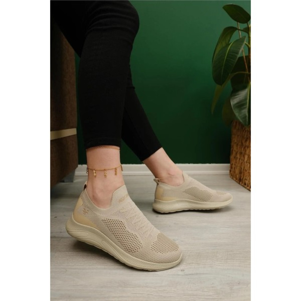 Morenica Bej - Yeni Sezon Bağcıksız Triko Kadın Sneaker Spor Ayakkabı Fiyatı