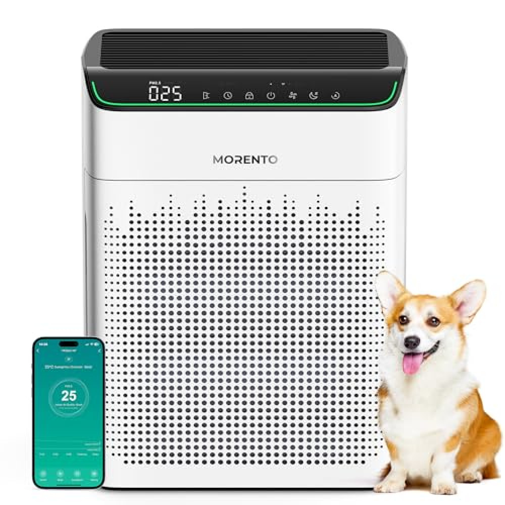 MORENTO Air Purifiers for Home Large Room Up to 1690 ft² with PM 2.5 Air Quality Monitor WiFi and Alexa compatible Double-sided Air Inlet for Smoke and Odor 1 Pack+2 Pack HEPA Filters White