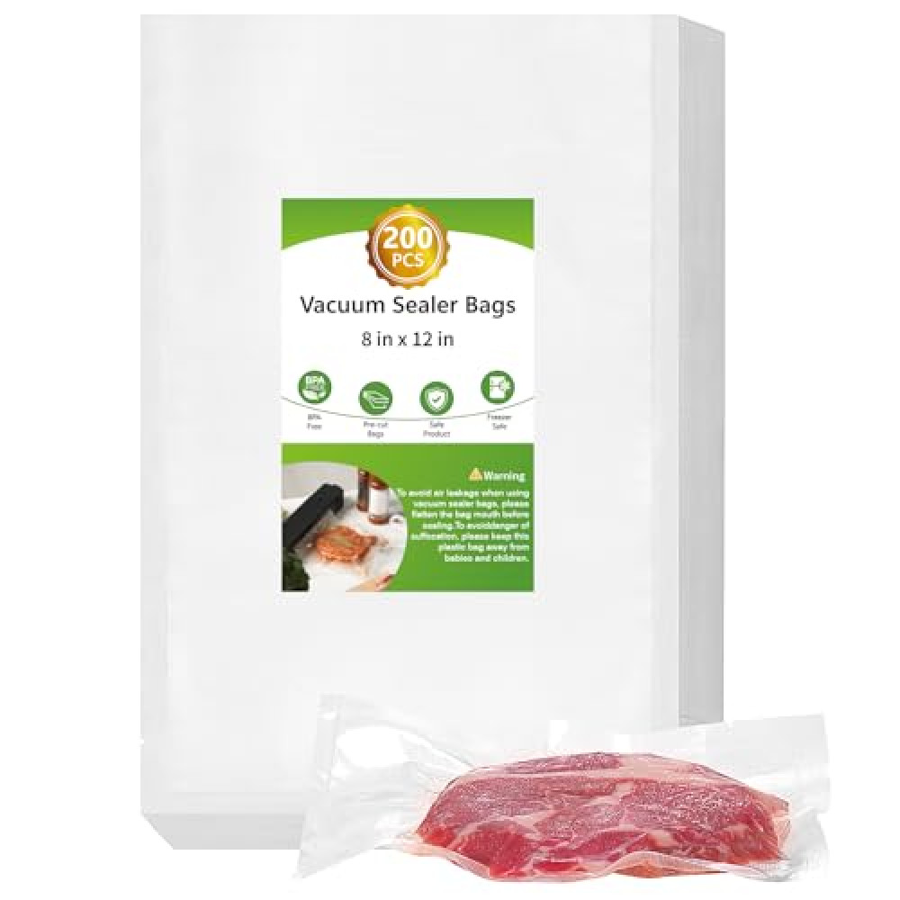 Moretoes 200pcs Vacuum Sealer Bags, Food Saver Bags Quart 8" x 12", BPA Free, Pre-cut Commercial Grade Vac Bags for Food Storage, Meal Prep or Sous Vide