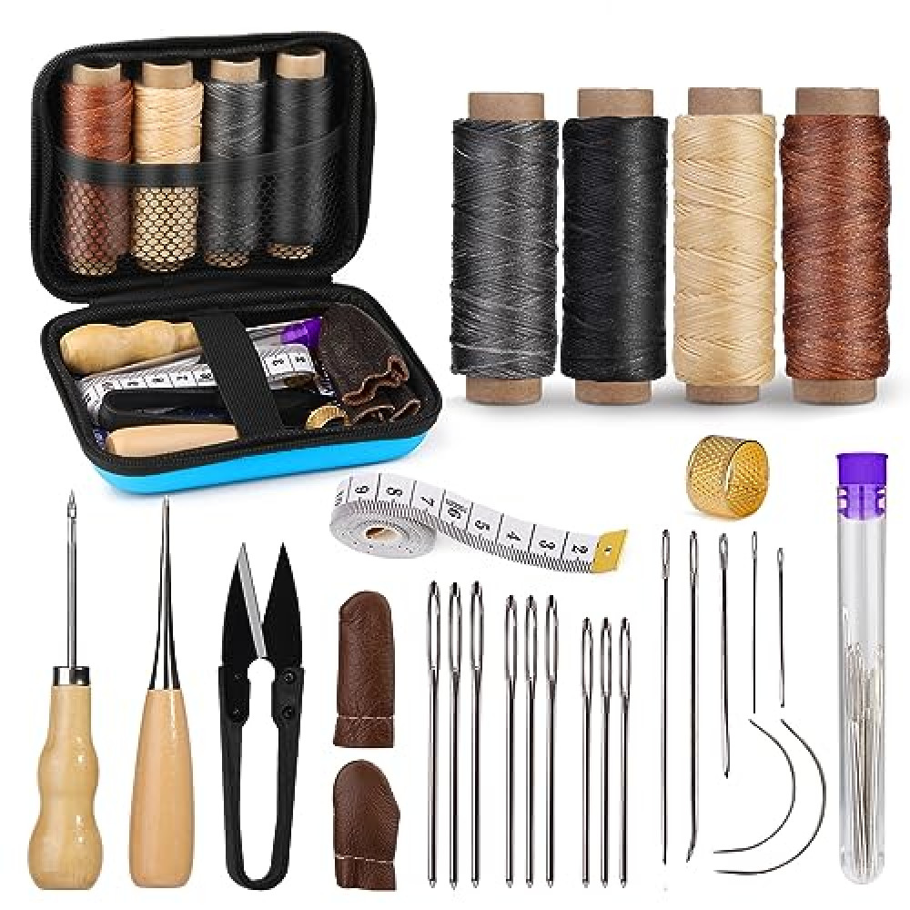 MORFEN Leather Sewing Kit, Leather Stitching Kit with Sewing Awl, Needles, Waxed Thread, Upholstery Repair Kit, Heavy Duty Sewing Tools for Hand Stitching Car Seats, Sofa, Carpets, Shoes, DIY Craft