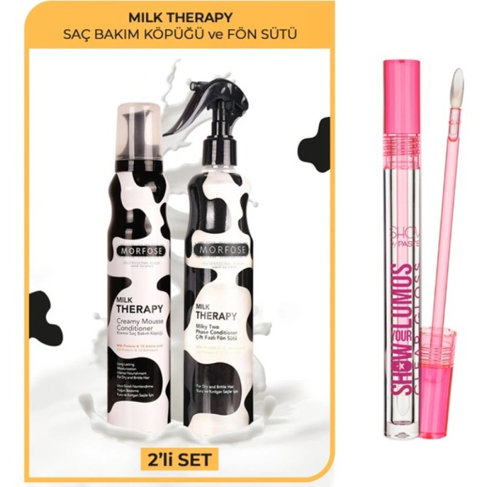Morfose Milk Therapy Saç Bakım Köpüğü 200 ml + Fön Suyu 400 ml + Pastel Clear Gloss - Dudak Parlatıcısı Saç Şekillendirici Köpük Fiyatı