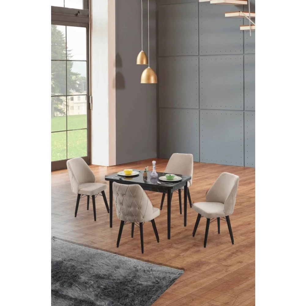 Morkese Home Consept Lole Serisi Siyah 70X110 Sabit Mutfak Masasi 1.Sinif Babyface Silinebilir Kumas 4 Lux Sandalye Mutfak Dolabı / Mobilyası Fiyatı