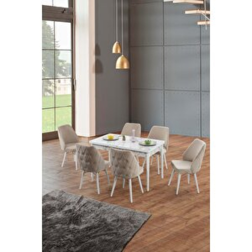 Morkese Home Consept Mila Beyaz Mermer 80x130 Açılabilir 6 Kişilik 1.sınıf Babyface Kumaş Lüx Mutfak Masası Takımı Açık Cappuccino Yemek & Mutfak Masası Fiyatı