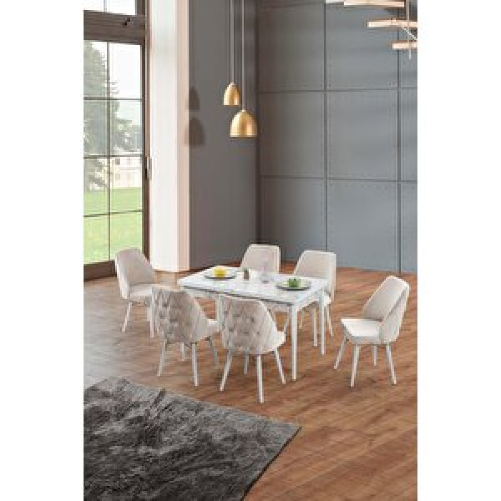 Morkese Home Consept Mila Beyaz Mermer 80x130 Açılabilir 6 Kişilik 1.sınıf Babyface Kumaş Lüx Mutfak Masası Takımı Krem Yemek & Mutfak Masası Fiyatı