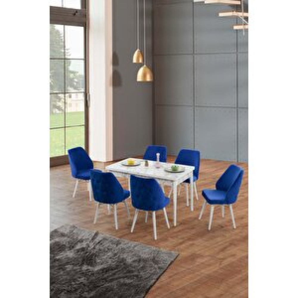 Morkese Home Consept Mila Beyaz Mermer 80x130 Açılabilir 6 Kişilik 1.sınıf Babyface Kumaş Lüx Mutfak Masası Takımı Lacivert Yemek & Mutfak Masası Fiyatı