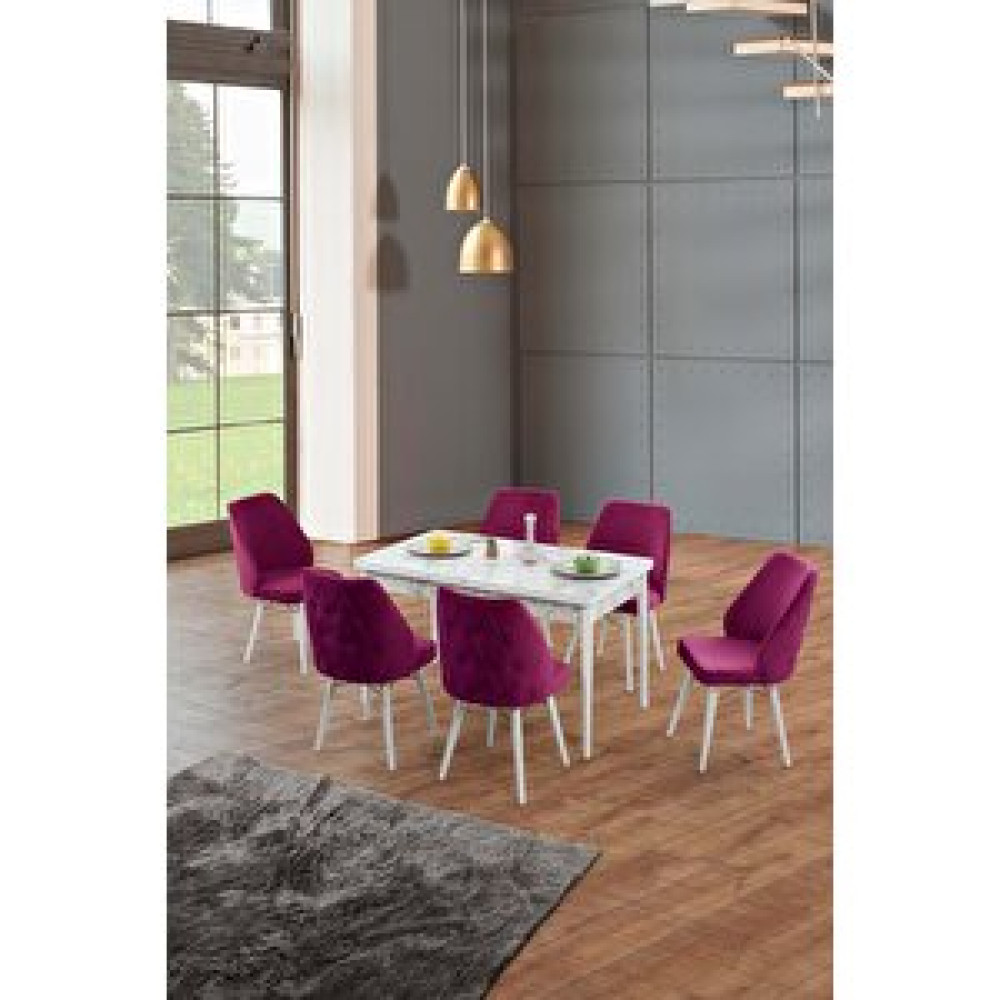 Morkese Home Consept Mila Serisi Beyaz Mermer 80x130 Açılabilir 6 Kişilik 1.sınıf Babyface Kumaş Lüx Mutfak Masası Takımı Mürdüm Yemek & Mutfak Masası Fiyatı
