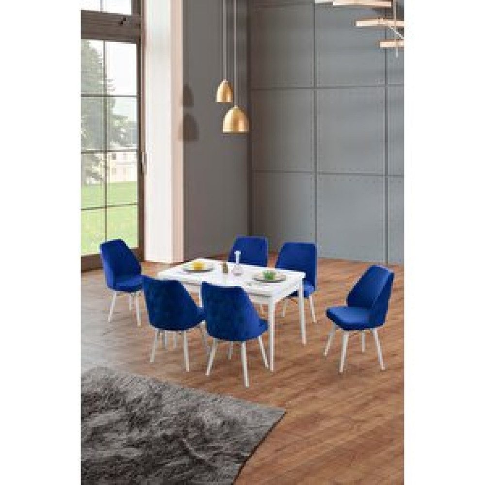 Morkese Home Consept Milayd Beyaz 80x130 Açılabilir 6 Kişilik 1.sınıf Babyface Kumaş Lüx Mutfak Masası Takımı Lacivert Yemek & Mutfak Masası Fiyatı