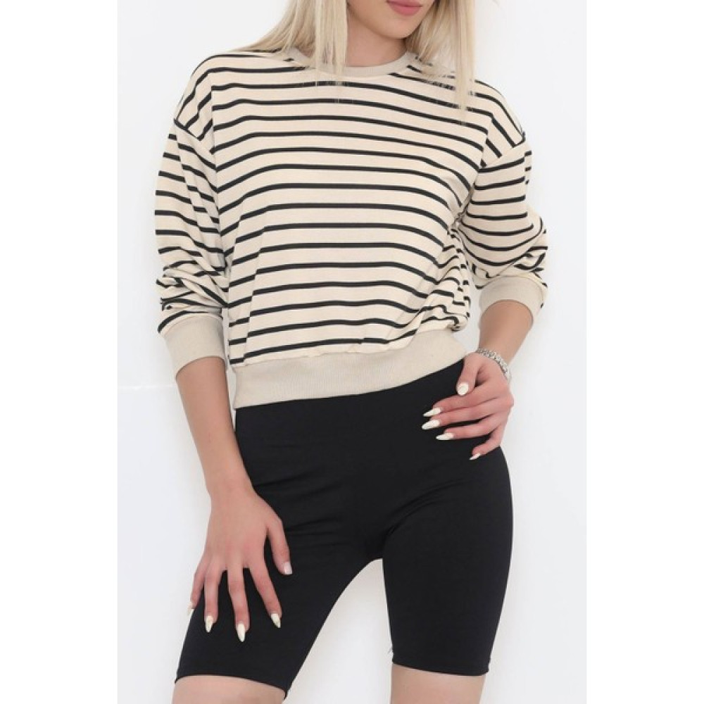Morn Line Çizgili Crop Sweat Bejsiyah - 11815.1567. Bayan Sweatshirt Fiyatı