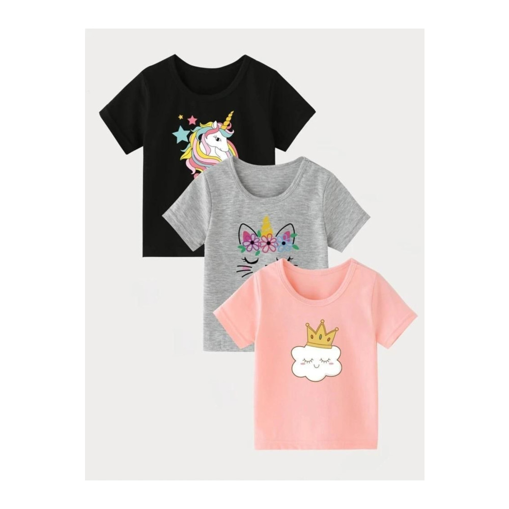 MORNİNG KİDS Çocuk Baskılı Siyah-gri-pembe 3lü Paket Baskılı Tshirt 11-12 Yaş Beden Bayan T-shirt Fiyatı
