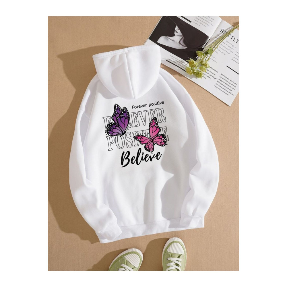 MORNİNG KİDS Kız Çocuk Beyaz Kapşonlu Forever Kelebek Baskılı Sweatshirt 5-6 Yaş Beden Bayan Sweatshirt Fiyatı