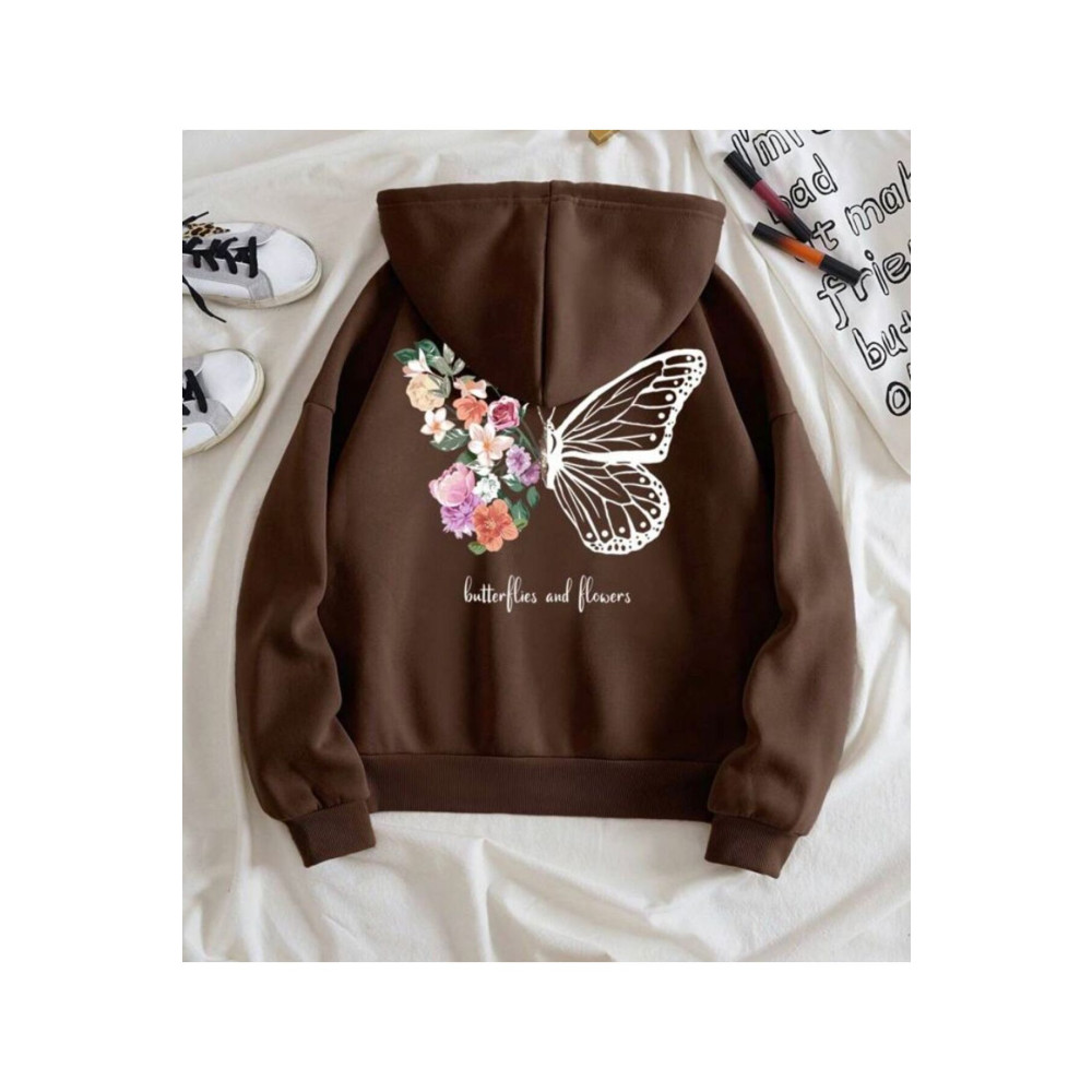MORNİNG KİDS Kız Çocuk Kapşonlu Renkli Çiçekli Kelebek Baskılı Kahverengi Sweatshirt 3-4 Yaş Beden Bayan Sweatshirt Fiyatı