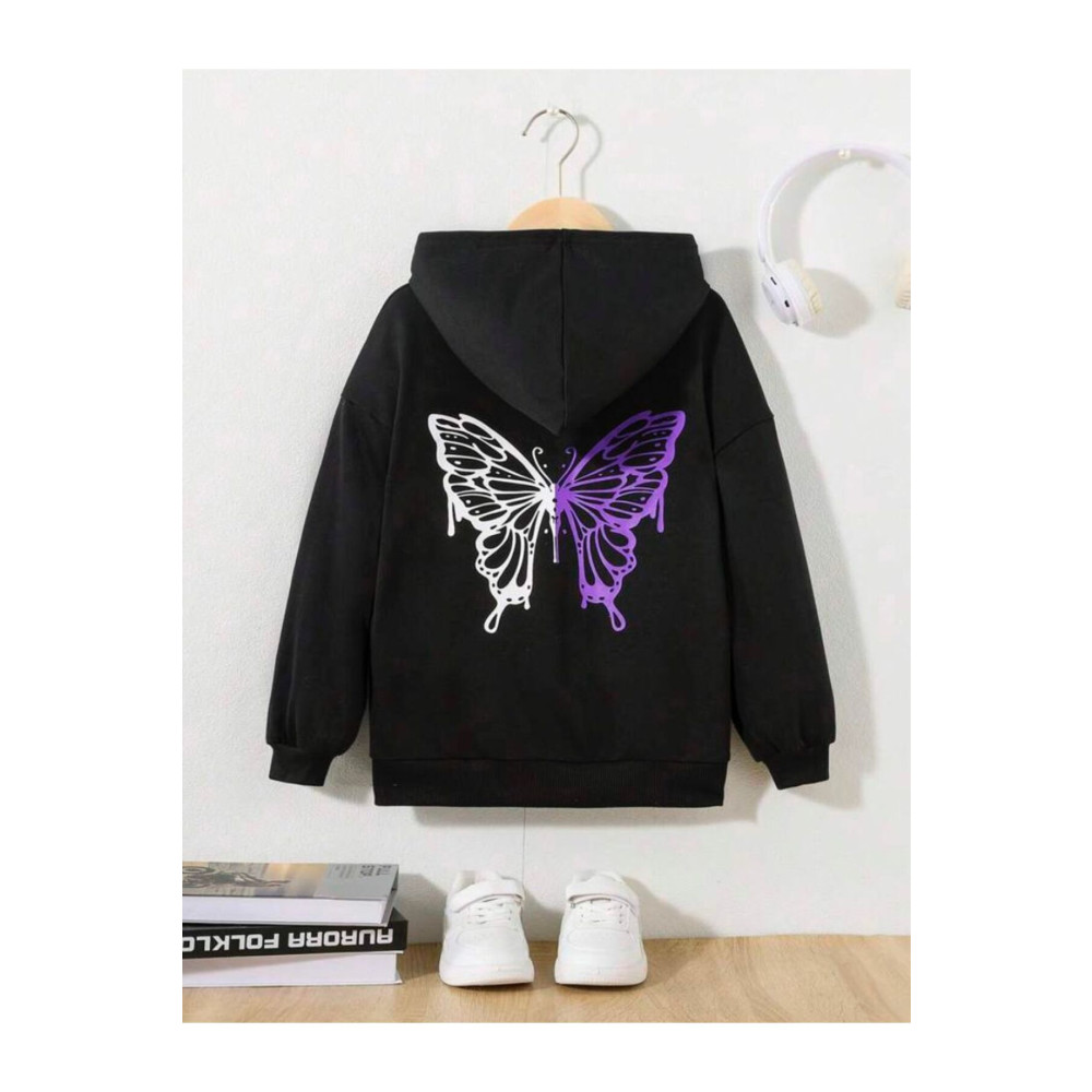 MORNİNG KİDS Kız Çocuk Siyah Kapşonlu Mor Beyaz Kelebek Baskılı Sweatshirt 11-12 Yaş Beden Bayan Sweatshirt Fiyatı