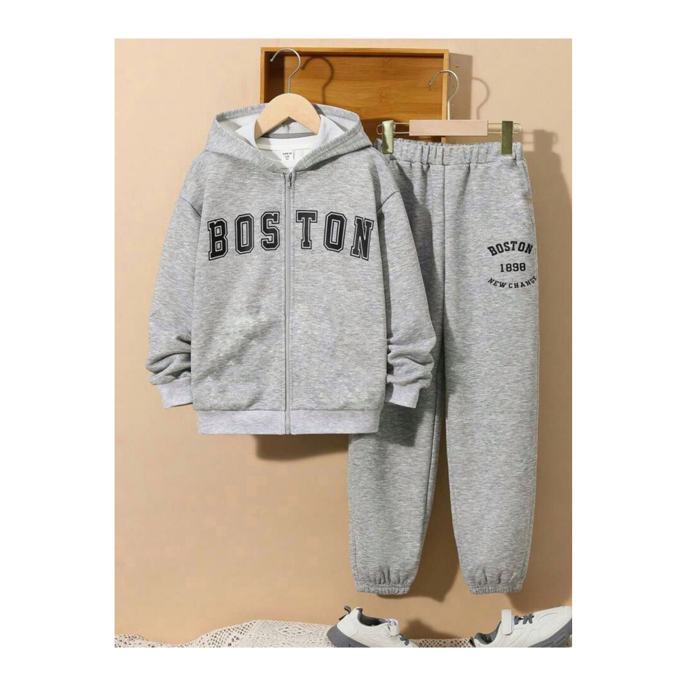 MORNİNG KİDS Kız/Erkek Çocuk GRİ Kapşonlu Fermuarlı Boston Baskılı Eşofman Takımı 11-12 Yaş Beden Kadın Giyim Fiyatı