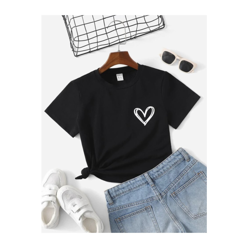 MORNİNG KİDS Siyah Kalp Baskılı Çocuk Tshirt 9-10 Yaş Beden Bayan T-shirt Fiyatı