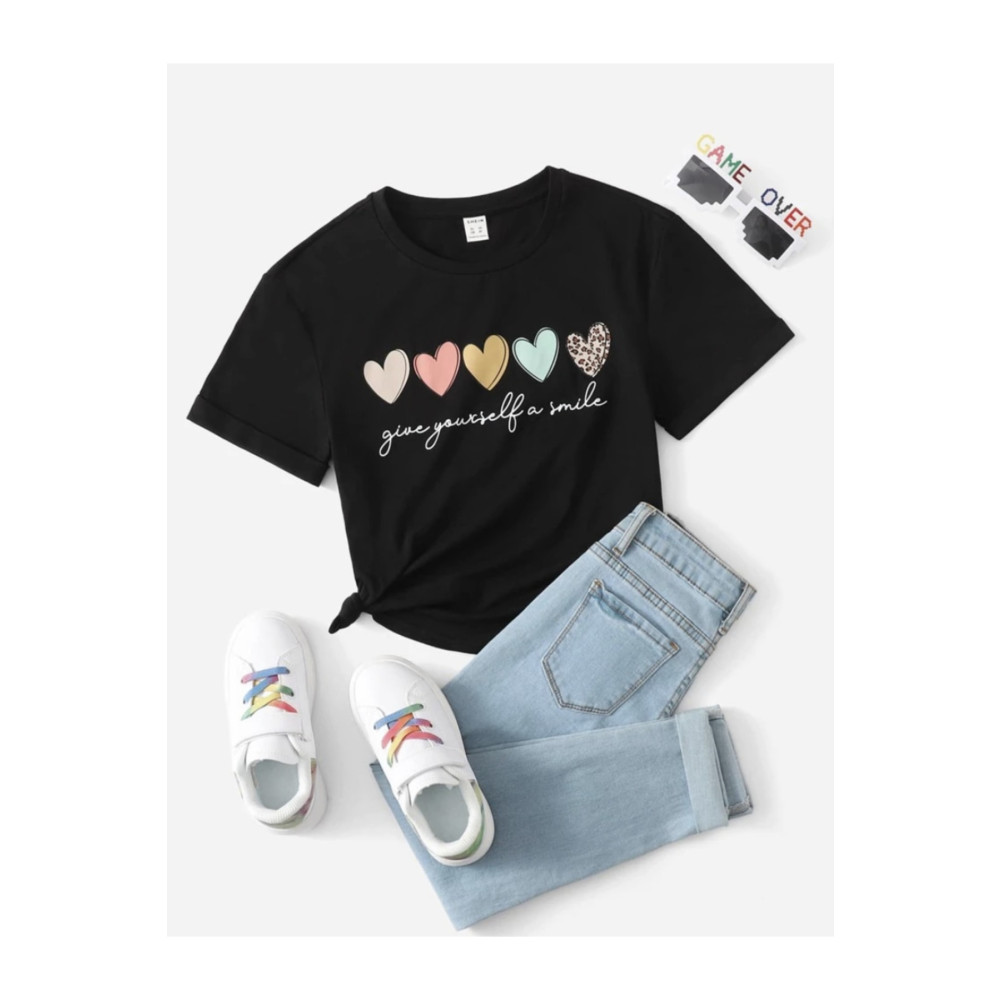 MORNİNG KİDS Siyah Kalpler Baskılı Çocuk Tshirt 11-12 Yaş Beden Bayan T-shirt Fiyatı