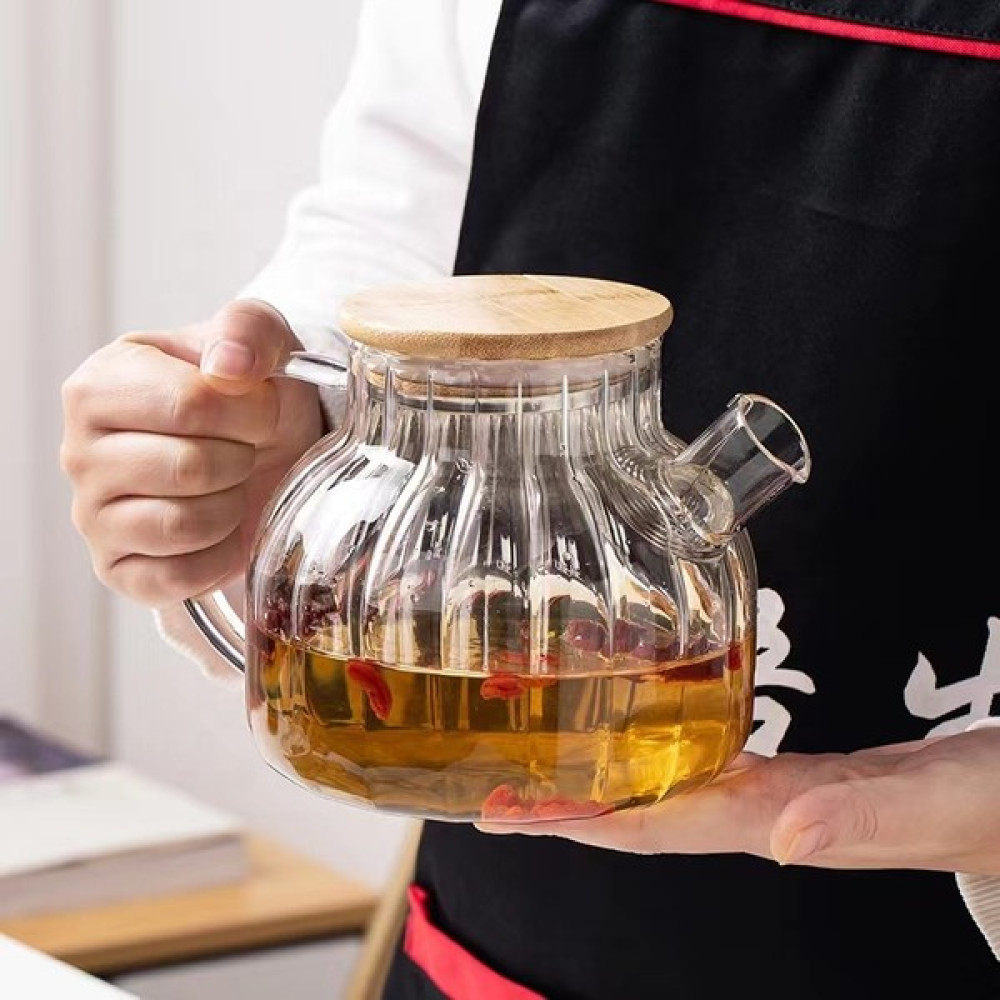 Morponi Bambu Kapaklı Borosilikat Cam Dilimli Demlik ve Sürahi 900 ml Çay / Çaydanlık Setleri Fiyatı