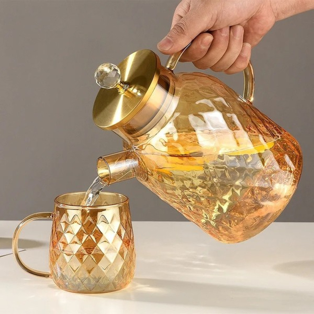 Morponi Borosilikat Cam Amber Otantik Desenli Cam Demlik & Sürahi 1500 ml & 2 Adet Amber Kupa 330 ml Çay / Çaydanlık Setleri Fiyatı