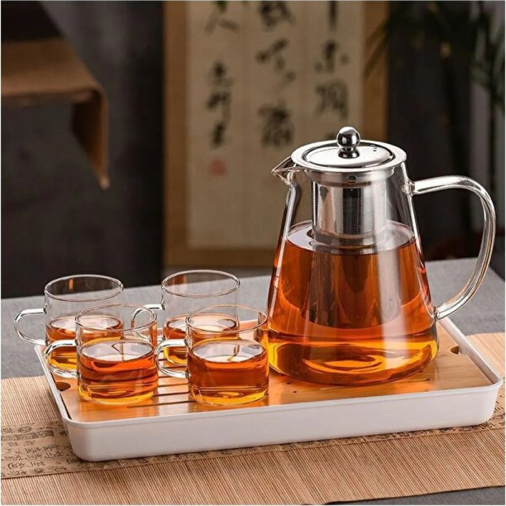 Morponi Borosilikat Cam Çelik Süzgeçli ve Kapaklı Oval Tasarım Lüks Çay & Kahve Demliği 950 ml Çay / Çaydanlık Setleri Fiyatı