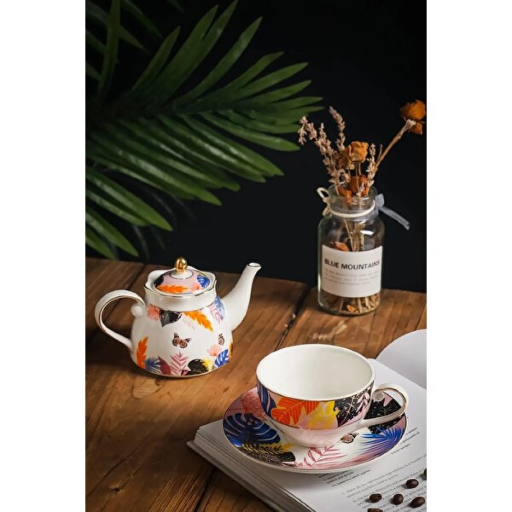 Morponi Butterfly 4 Parça Kelebek Desenli Çay Ve Kahve Fincanı & Porselen Demlik Seti Çay / Çaydanlık Setleri Fiyatı