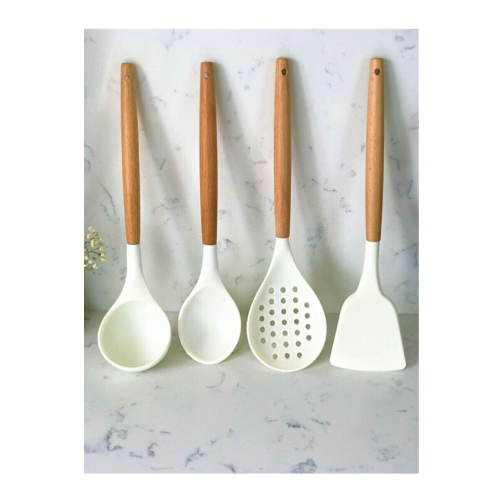 morponi Silikon Bambu Saplı 4 Parça Mutfak Servis Seti Kremrengi (KEPÇE-KAŞIK-KEVGİR-SPATULA) Çatal / Kaşık / Bıçak Takımları Fiyatı