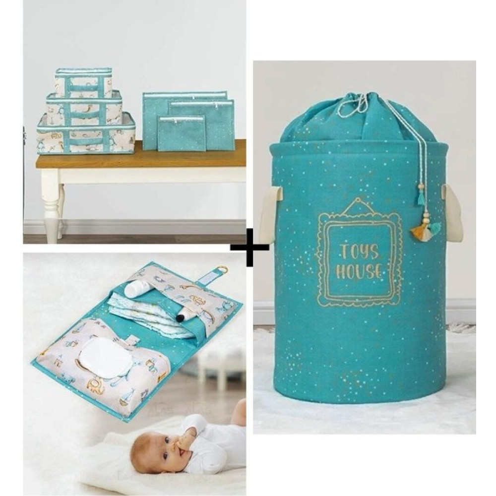 Morport Baby 3'lü Kombin Set Kirli Sepeti & Bavul Organizer& Alt Açma (Mavi) - Açık Mavi Bebek Kirli Torbası Fiyatı