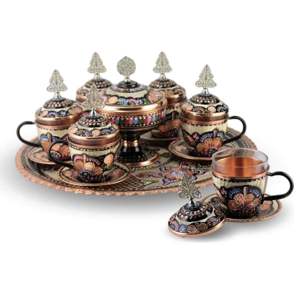 Morya Gül Çiçek 8 Parçalı Bakır Çay ve Neskafe Takımı Fincan / Bardak / Kahve Takımı Fiyatı