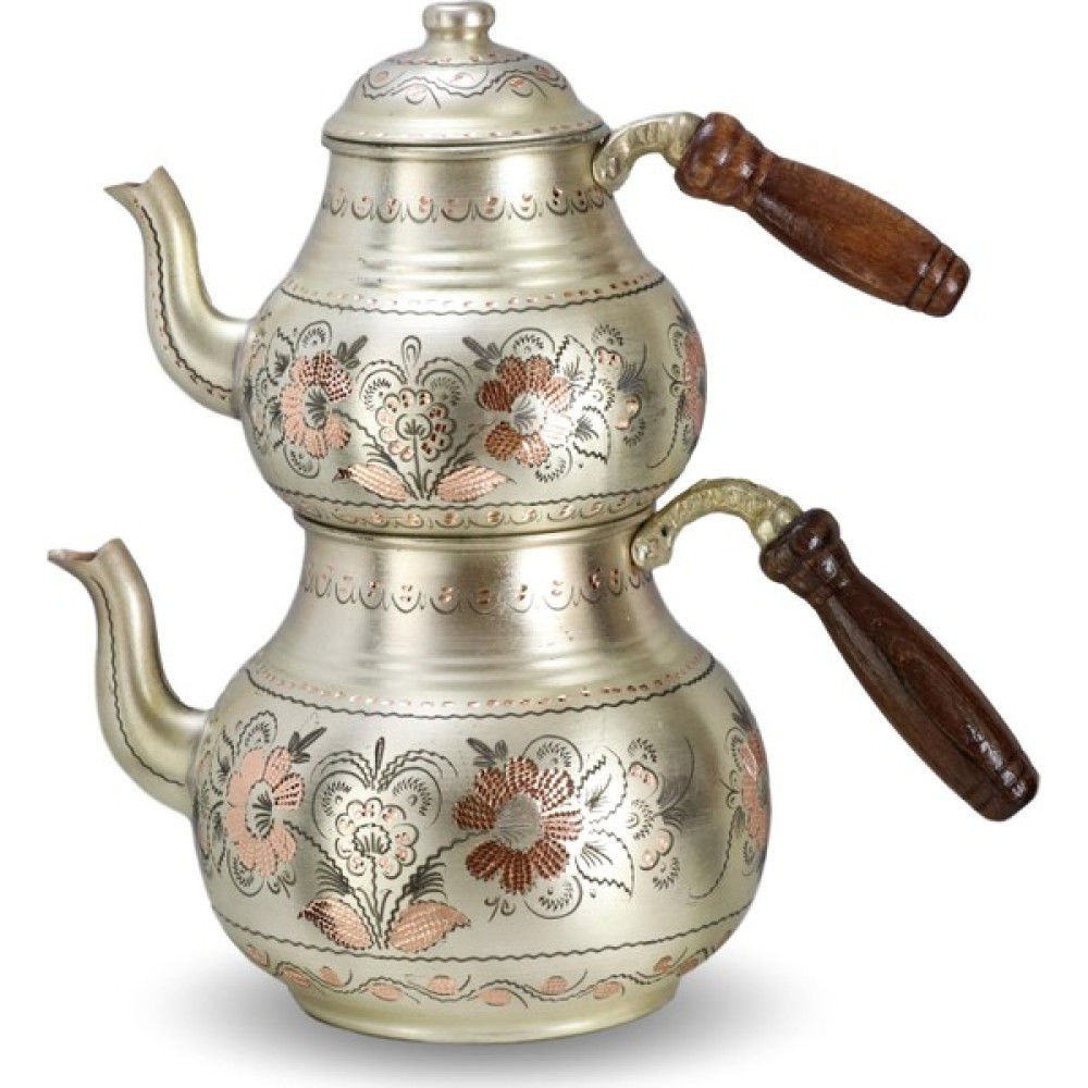 Morya Gümüşlü Desenli İçi Kalay Kaplamalı Bakır Çaydanlık Çay / Çaydanlık Setleri Fiyatı