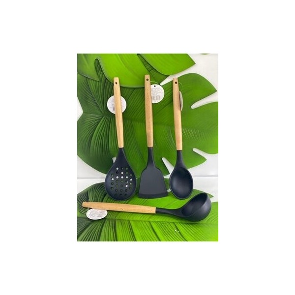 Morza Home Siyah Bambu Saplı Silikon Kepçe Kevgir Kaşık Spatula Set 4'lü 32.5cm AMH0223A Mutfak Gereçleri Fiyatı
