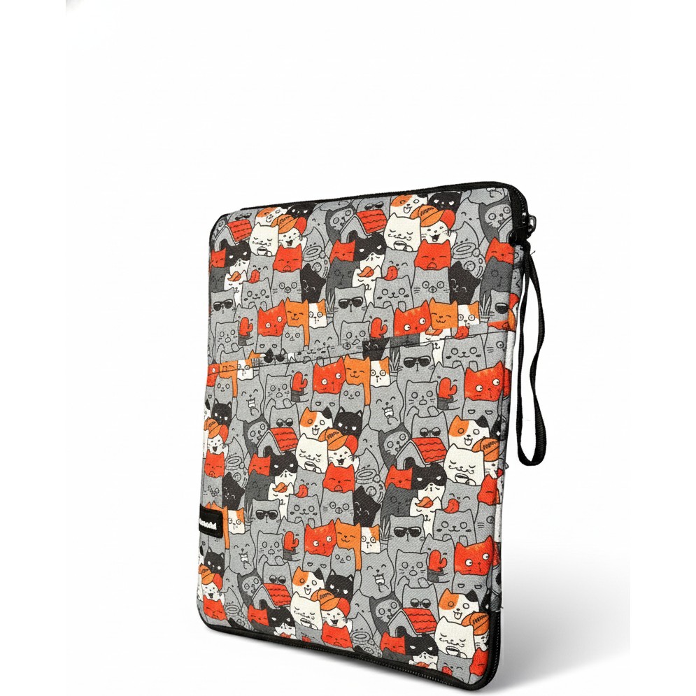 Moserini Çok Bölmeli, Kedi Desenli Samsung Galaxy Tab S9+ / S9 Fe+ / S7 Fe ile Uyumlu 12.4" Tablet Çantası - Turuncu - Gri Evcil Hayvan Ürünleri Fiyatı