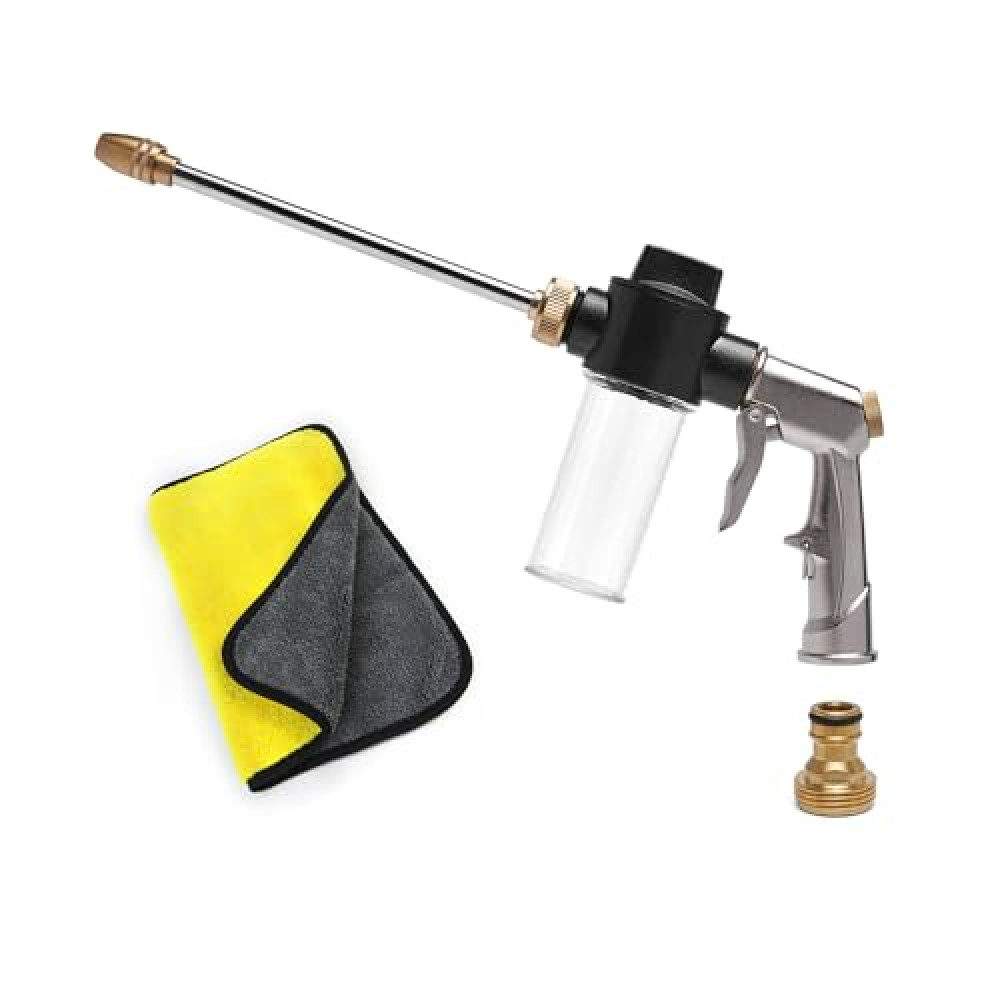 MOSIKEN Car Wash Foam Gun for Hose, High Pressure Foam Gun Car Wash Sprayer with 100cc/3.5oz Plastic Soap Dispenser Bottle + Washing Towel, for Gardening, Watering Plants, Floor Cleaning (Silver)